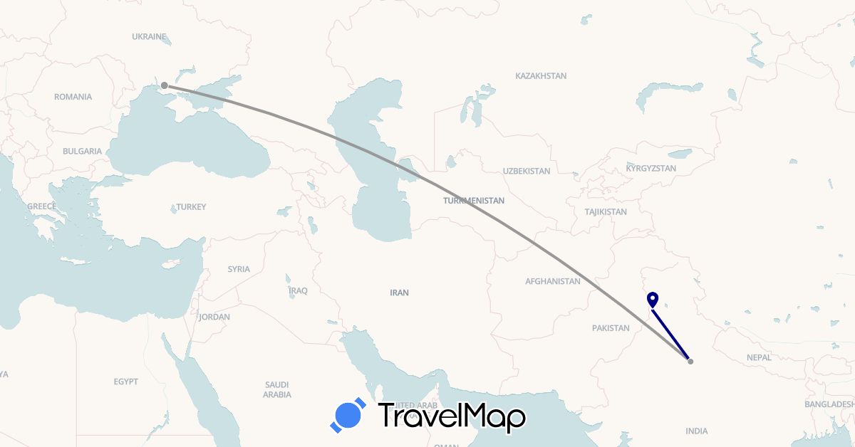 TravelMap itinerary: driving, plane in India, Ukraine (Asia, Europe)